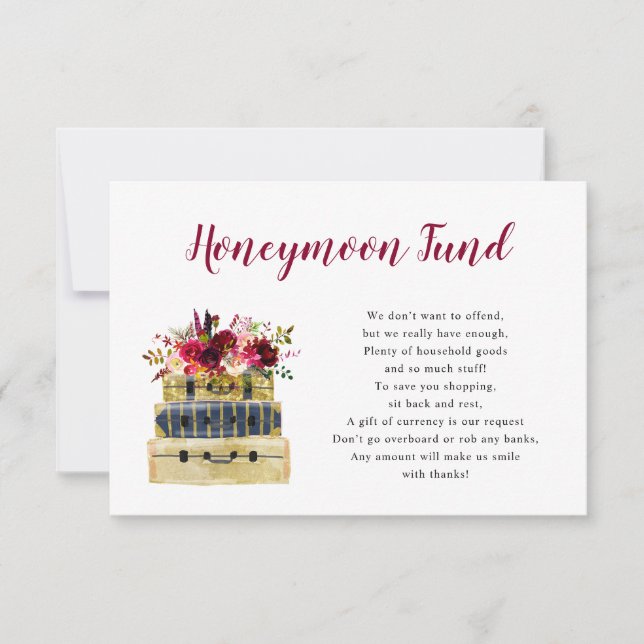 Burgundy floral suitcase honeymoon fund card (Front)