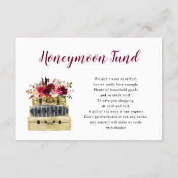 Burgundy Floral Suitcase Honeymoon Fund Card by lemontreeweddings at Zazzle