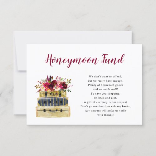 Burgundy floral suitcase honeymoon fund card