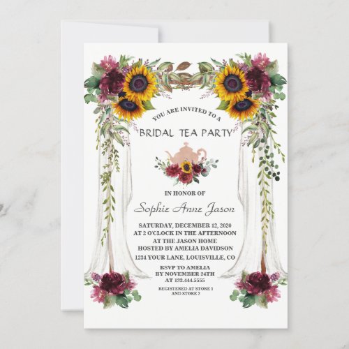 Burgundy Floral Sunflower Canopy Bridal Tea Party Invitation