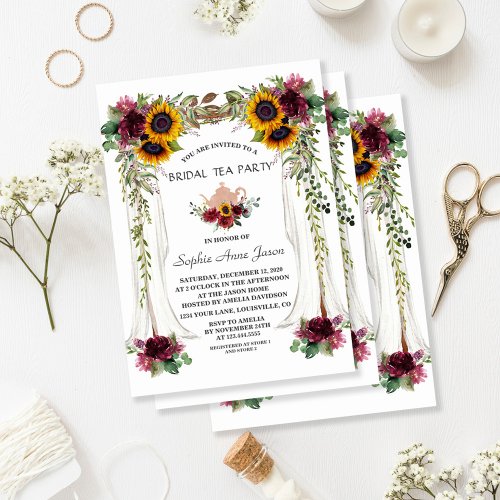 Burgundy Floral Sunflower Canopy Bridal Tea Party Invitation