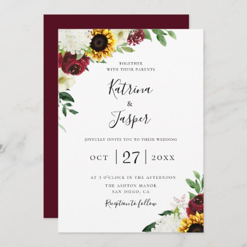 Burgundy Floral Sunflower Wedding Invitation