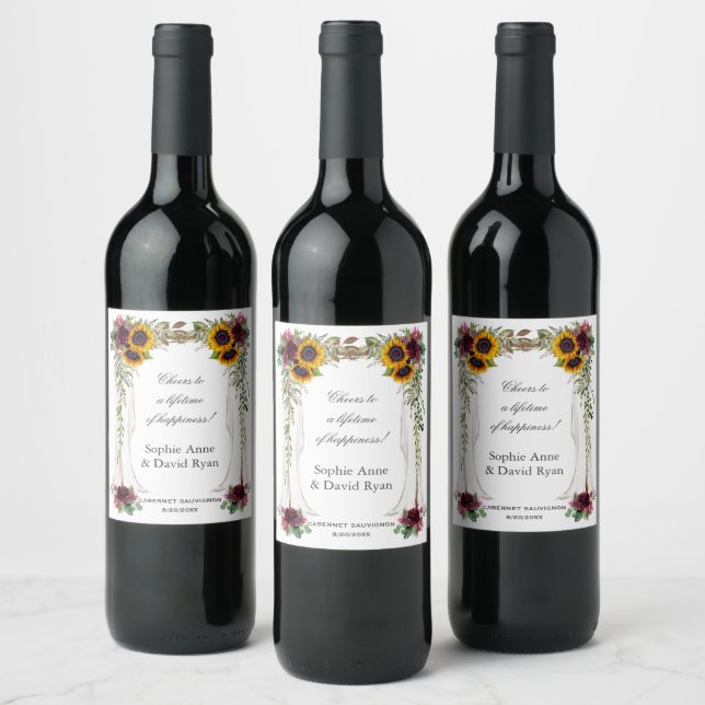 Burgundy Floral Sunflowers Canopy Wedding Wine Label (Bottles)