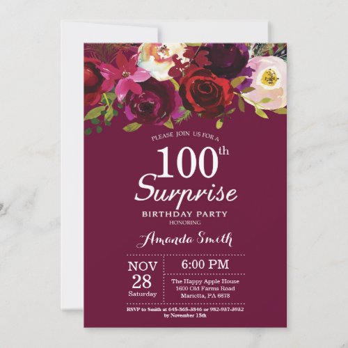 Burgundy Floral Surprise 100th Birthday Party Invitation