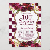 Burgundy Floral Surprise 100th Birthday Party Invitation (Front/Back)