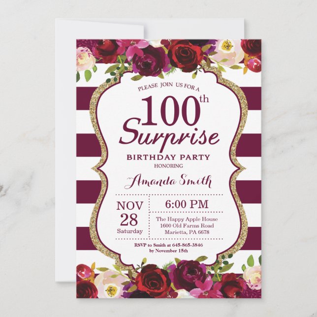 Burgundy Floral Surprise 100th Birthday Party Invitation (Front)