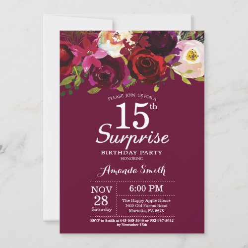 Burgundy Floral Surprise 15th Birthday Party Invitation