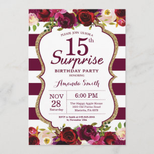 Burgundy Floral Surprise 15th Birthday Party Invitation