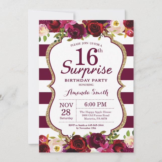 Burgundy Floral Surprise 16th Birthday Party Invitation (Front)
