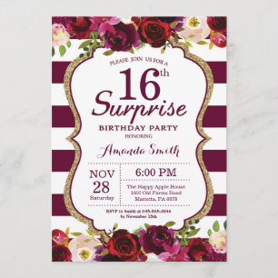 Burgundy Floral Surprise 16th Birthday Party Invitation