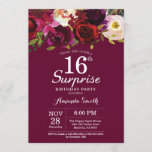 Burgundy Floral Surprise 16th Birthday Party Invitation<br><div class="desc">Burgundy Floral Surprise 16th Birthday Party Invitation for Girl Lady Teen Teenage. Burgundy Red Birthday Party Invite. Burgundy Watercolor Floral Flower. 13th 15th 16th 18th 20th 21st 30th 40th 50th 60th 70th 80th 90th 100th. For further customization, please click the "Customize it" button and use our design tool to modify...</div>