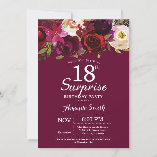 Burgundy Floral Surprise 18th Birthday Party Invitation