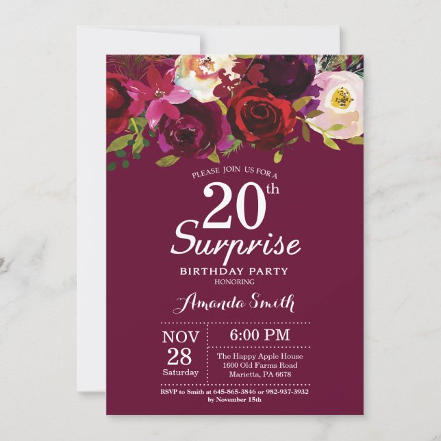 Burgundy Floral Surprise 20th Birthday Party Invitation (Front)