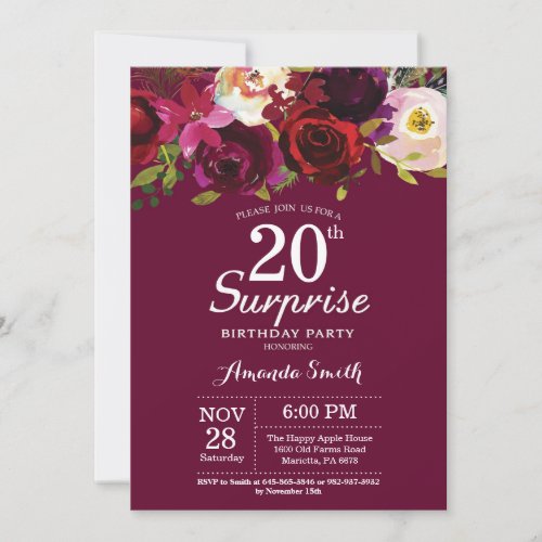 Burgundy Floral Surprise 20th Birthday Party Invitation