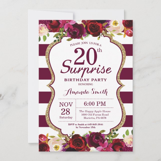 Burgundy Floral Surprise 20th Birthday Party Invitation (Front)