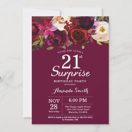 Burgundy Floral Surprise 21st Birthday Party Invitation