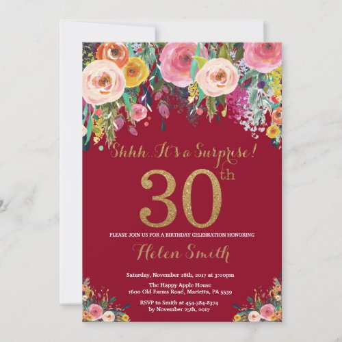 Burgundy Floral Surprise 30th Birthday Invitation