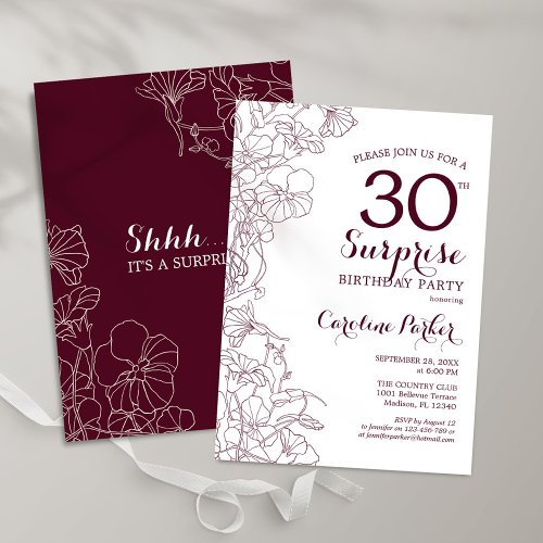 Burgundy Floral Surprise 30th Birthday Party Invitation