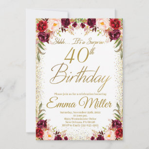 Burgundy Floral Surprise 40th Birthday Invitation