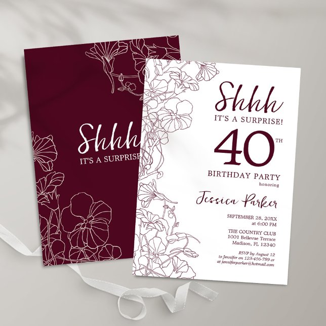 Burgundy Floral Surprise 40th Birthday Invitation (Creator Uploaded)
