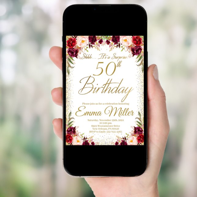 Burgundy Floral Surprise 50th Birthday Invitation (Front Digital)