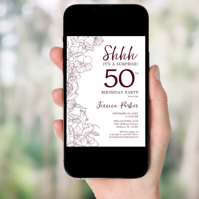 Burgundy Floral Surprise 50th Birthday Invitation (Front Digital)