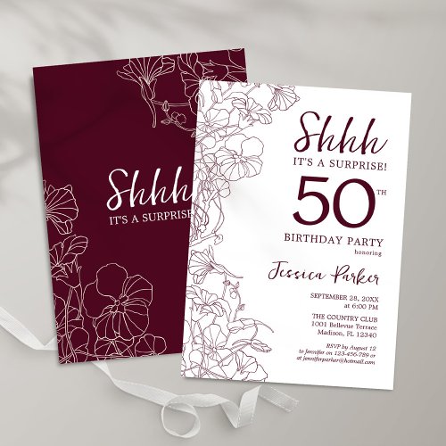 Burgundy Floral Surprise 50th Birthday Invitation
