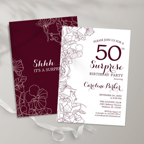 Burgundy Floral Surprise 50th Birthday Party Invitation