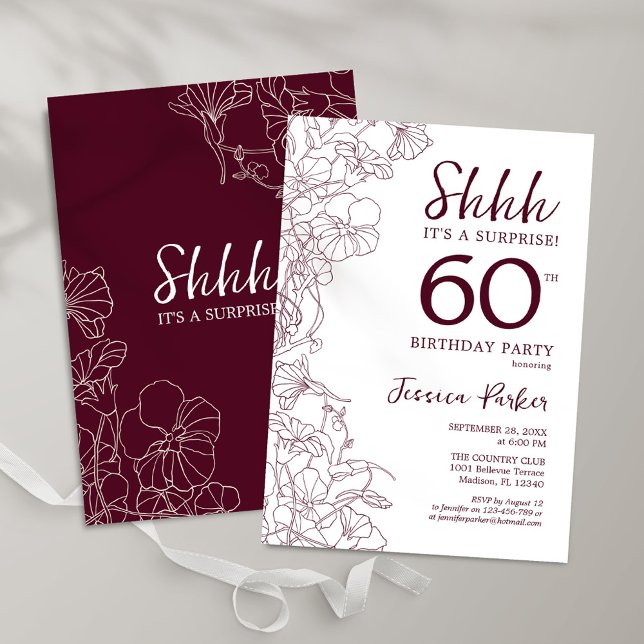 Burgundy Floral Surprise 60th Birthday Invitation (Creator Uploaded)