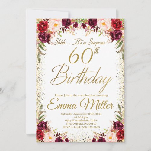 Burgundy Floral Surprise 60th Birthday Invitation