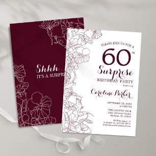 Burgundy Floral Surprise 60th Birthday Party Invitation