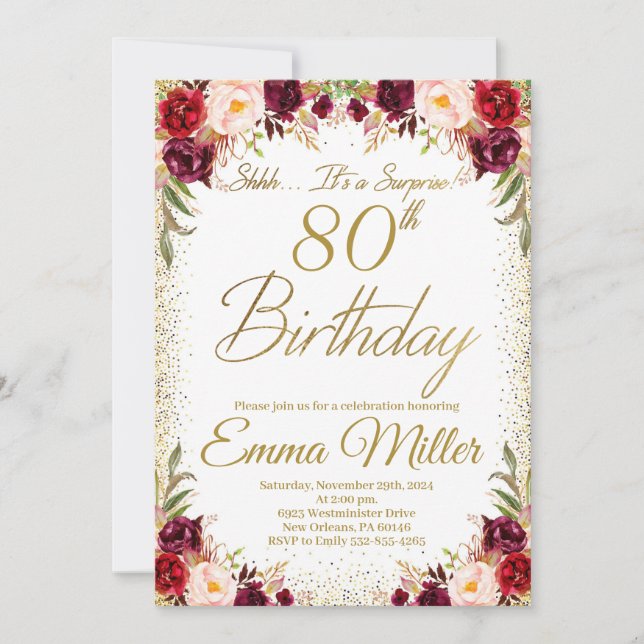 Burgundy Floral Surprise 80th Birthday Invitation (Front)