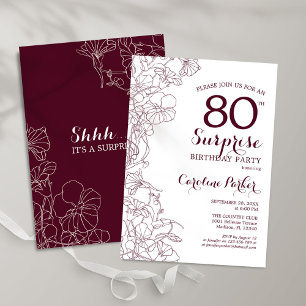 Burgundy Floral Surprise 80th Birthday Party Invitation