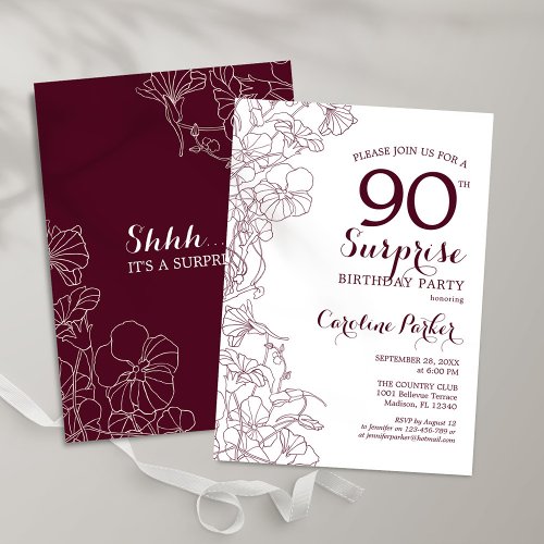Burgundy Floral Surprise 90th Birthday Party Invitation
