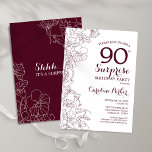 Burgundy Floral Surprise 90th Birthday Party Invitation<br><div class="desc">Burgundy and white floral surprise 90th birthday party invitation. Elegant modern marsala wine maroon design featuring botanical accents and typography script font. Simple floral invite card perfect for a stylish female surprise bday celebration. Can be customized to any age. Printed Zazzle invitations or instant download digital printable template.</div>
