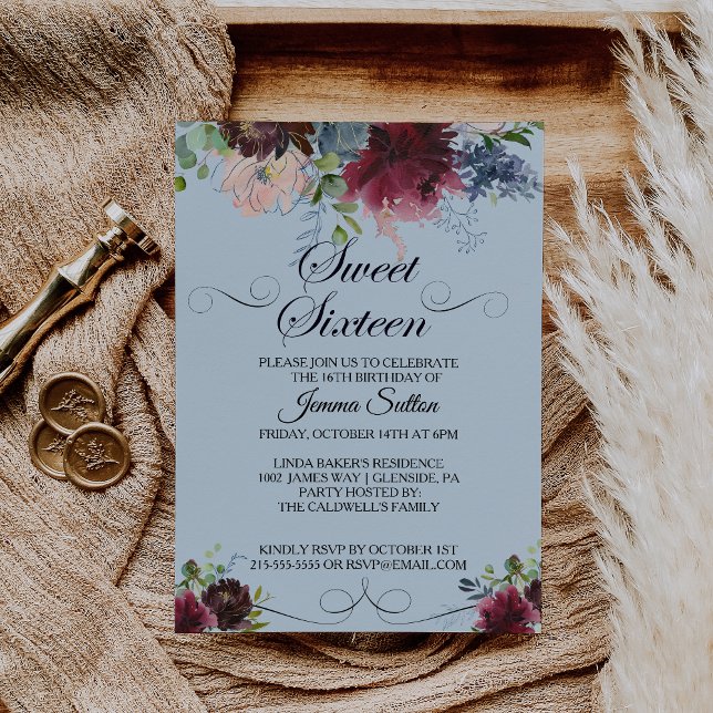 Burgundy Floral Sweet Sixteen Birthday Party Invitation (Creator Uploaded)