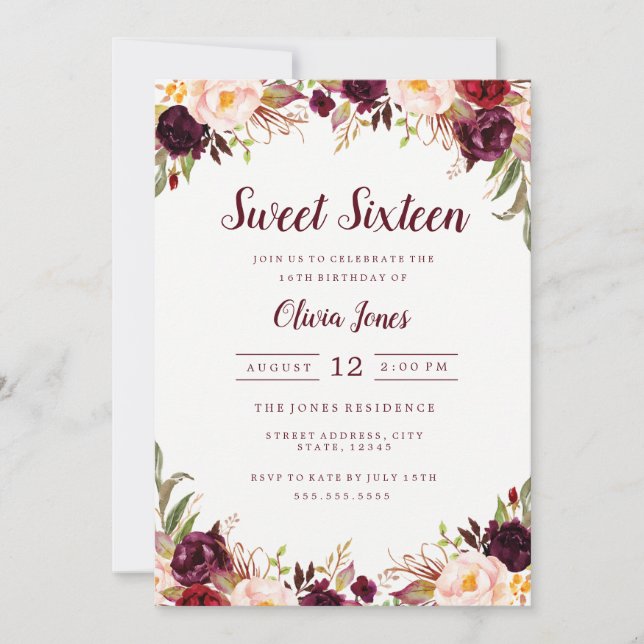 Burgundy Floral Sweet Sixteen Invitation (Front)