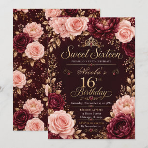 Burgundy Floral Sweet Sixteen Invitation