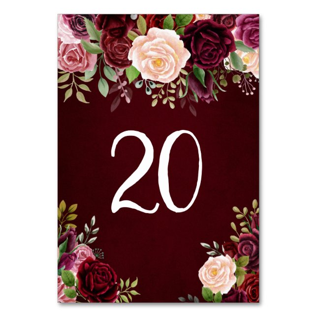 Burgundy, Floral  Table Number (Front)