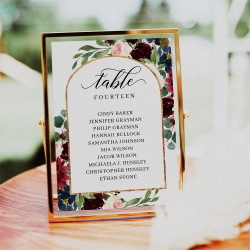 Burgundy Floral Table Number Seating Chart Cards
