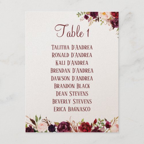 Burgundy Floral Table Seating List Enclosure Card