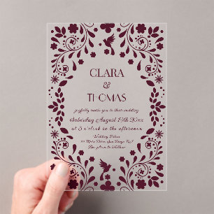 Burgundy Floral Talavera Wedding Acrylic Invitations