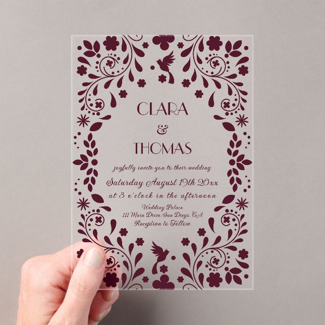 Burgundy Floral Talavera Wedding Acrylic Invitations (Insitu (Handheld))