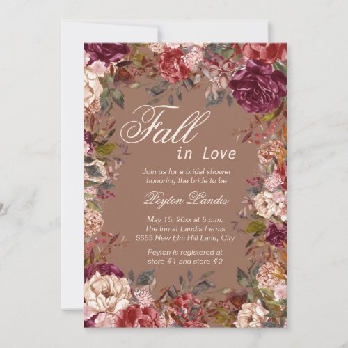 Burgundy Floral Taupe Fall in Love Bridal Shower Invitation
