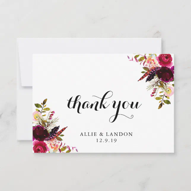 Burgundy Floral Thank You Card | Zazzle