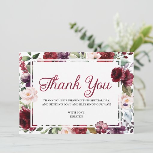 Burgundy Floral Thank You Card | Zazzle