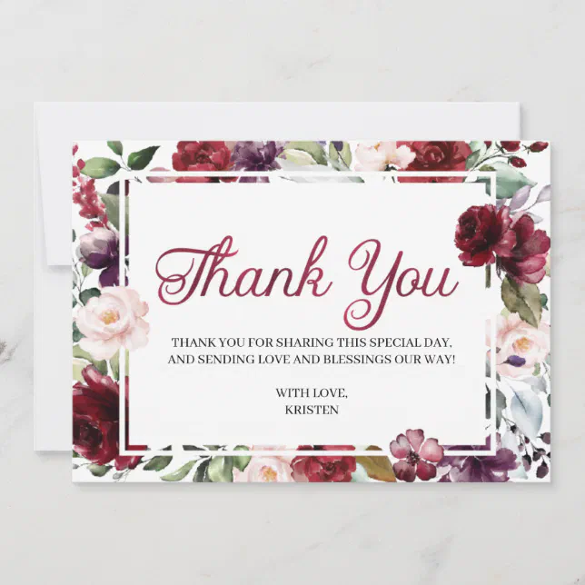 Burgundy Floral Thank You Card | Zazzle