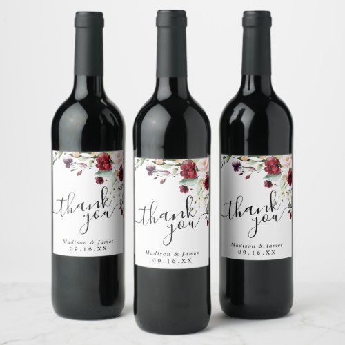 Burgundy Floral Thank You Personalized Wedding Wine Label