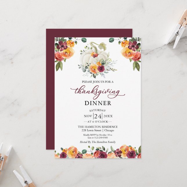 Burgundy Floral Thanksgiving Dinner Invitation (Front/Back In Situ)