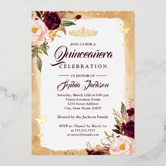 Burgundy Floral Tiara Gold Quinceanera 15th  Foil Invitation (Front)